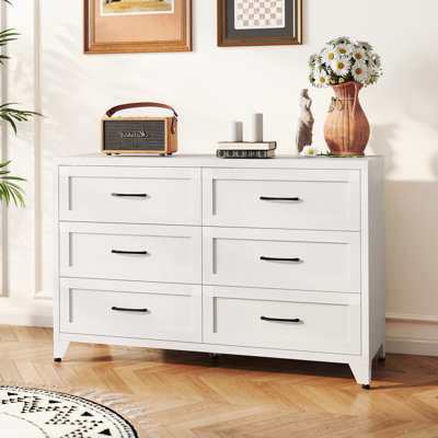6 Drawer Dresser For Bedroom, Modern Metal Storage Chest With Smooth-Glide Drawers, Space-Saving Storage Cabinet For Closet, Hallway, Entryway, Eco-Friendly White Steel Dresser For Small Spaces