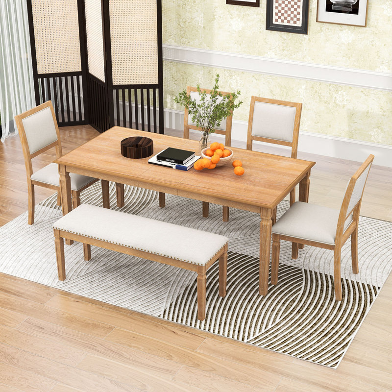 Ensemble de salle à manger extensible rustique 6 pièces avec finition patinée, chaises et banc rembourrés