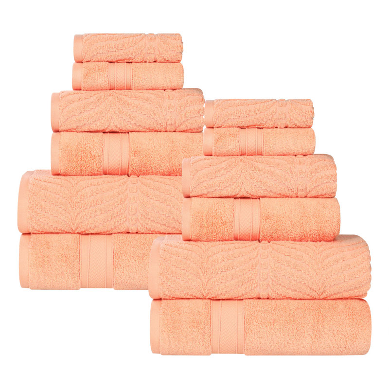 Purdey Chevron Zero Twist Solid and Jacquard Cotton 12 Piece Bathroom Towel Set, Peach