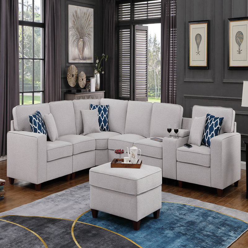 Canapé modulaire avec repose-pieds, Lin gris pâle, L 110,25 po