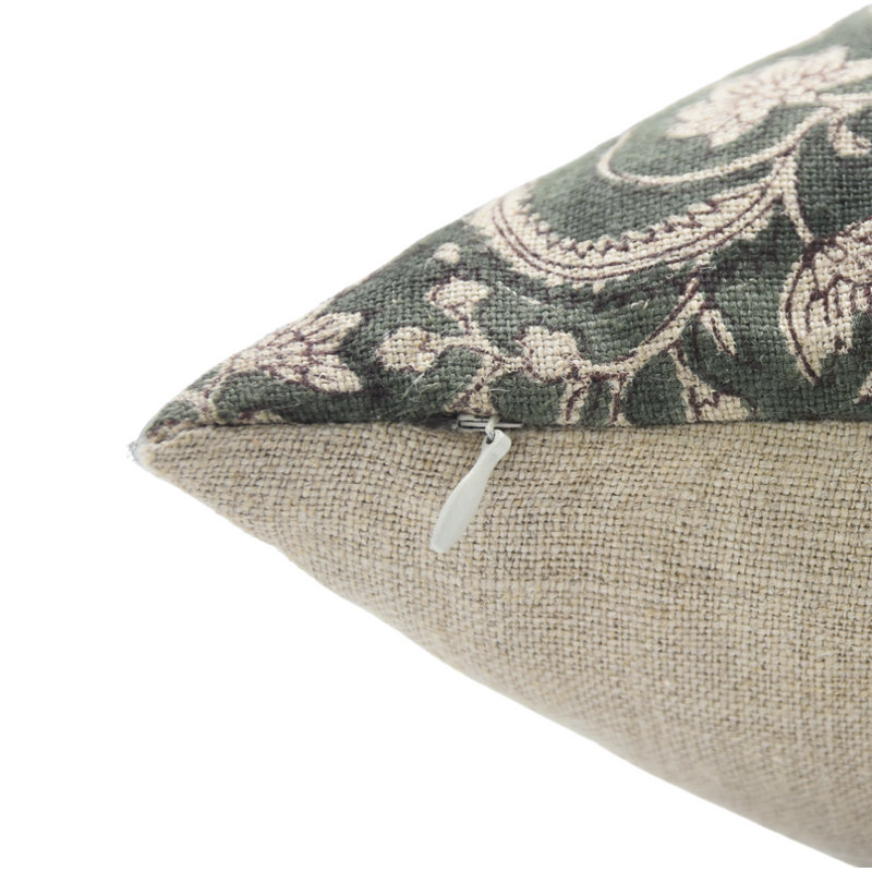 Green and Beige Floral Linen Block Print Pillow Cover 24x24