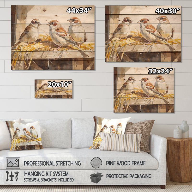 Oiseau moineau dans la basse-cour II - impression sur bois d'oiseau - sur bois de pin naturel, H 10 po x l 20 po