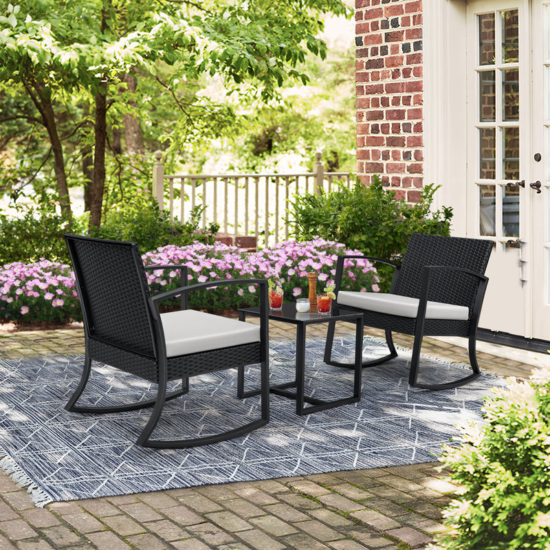 Ensemble de chaises berçantes d'extérieur 3 pièces, ensembles de sièges avec coussins et table, Blanc