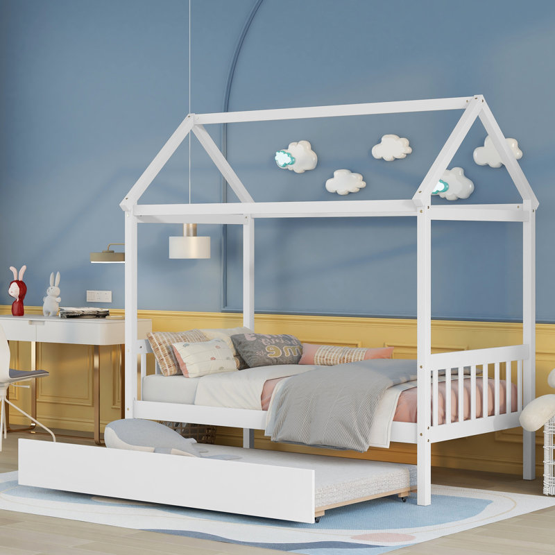 Structure de lit simple en bois massif avec lit gigogne simple de couleur blanche, aucun sommier tapissier requis