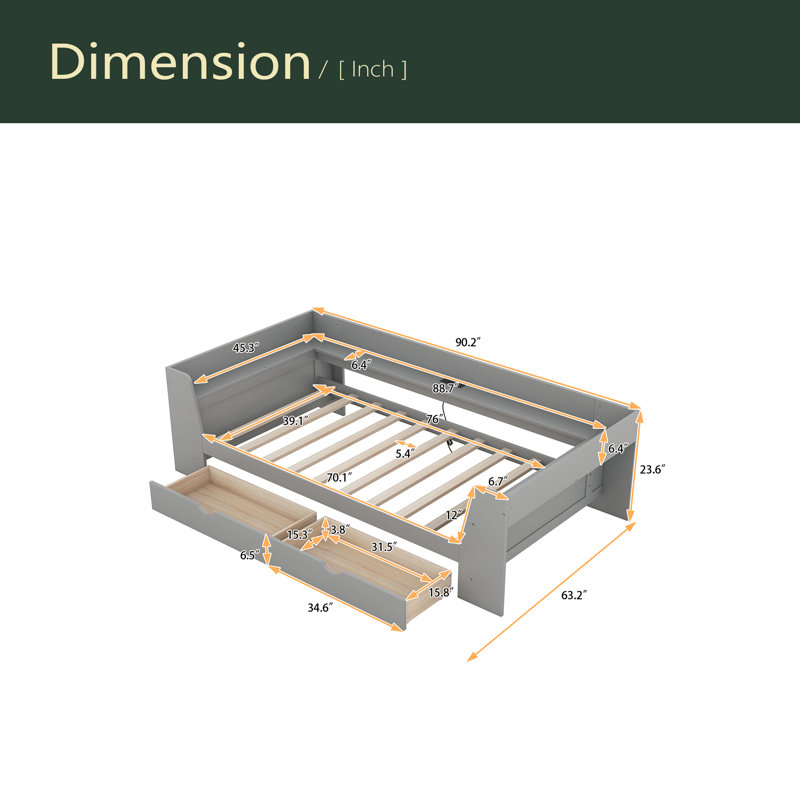 Lit de jour simple avec tablettes, tiroirs et station de charge intégrée, Gris