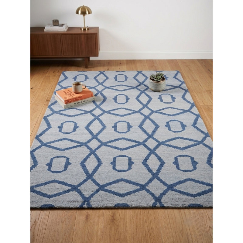 Tapis intérieur géométrique en laine bleu clair noué à la main, Rectangulaire 8 pi x 10 pi