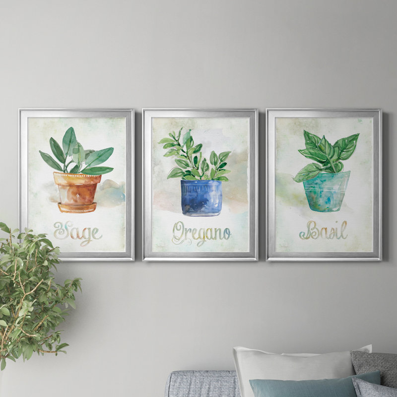 Basilic en pot - ensemble de 3 peintures sur toile encadrées, Toile avec cadre argenté, H 22,5 po x l 91,5 po x P 1,5 po