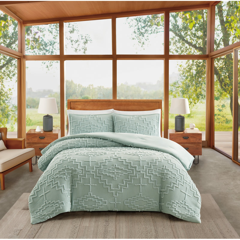 Kiva Steps Comforter Set Sky Gray Queen, Queen Comforter + 2 Shams, Green