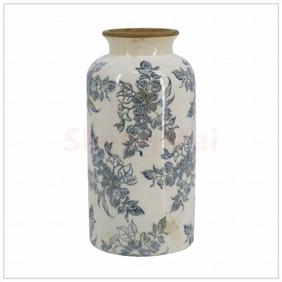 Vintage-Inspired Ceramic Flower Vase with Floral Pattern, Perfect for Farmhouse and Rustic Decor, 5.3x5.3x10.2 Inches