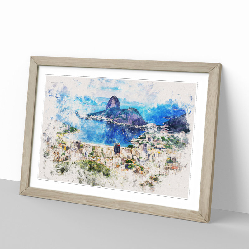Rio De Janeiro Skyline in Brazil Watercolour - Picture Frame Graphic Art, Oak Framed, 36cm H x 48cm W x 2cm D