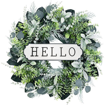 Couronne de buis Boxhouse - vert / blanc - couronne d'eucalyptus et d'agneau floqué de 24 pouces pour porte, mur, fenêtre ou décoration de fête