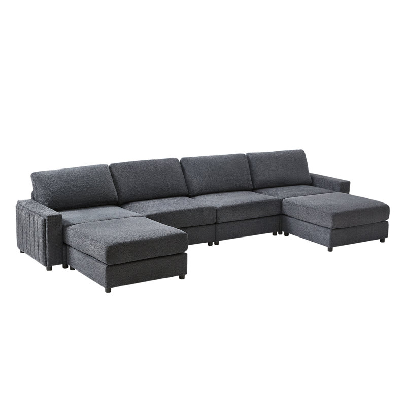 Canapé modulaire moderne avec deux repose-pieds Grandon, Polyester gris