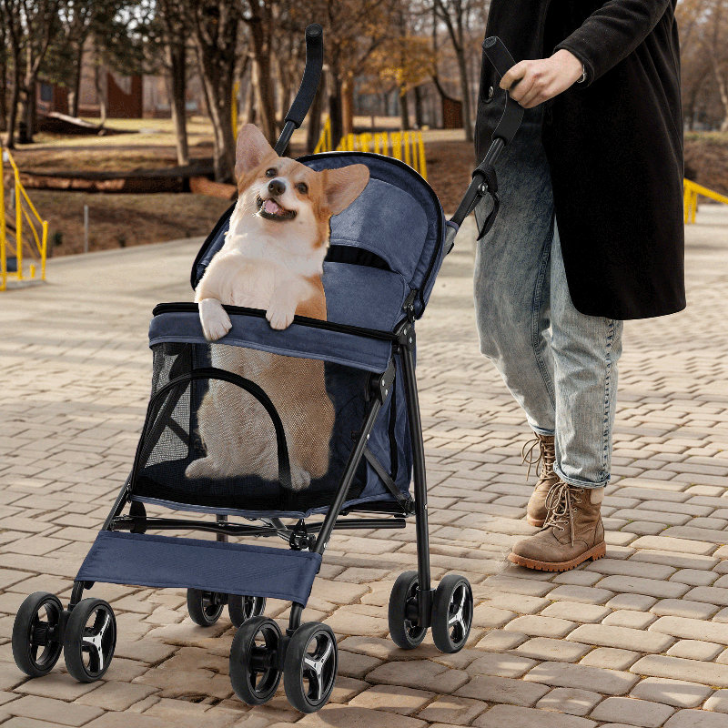 4 Wheel Folding Pet Stroller, Foldable Dog Jogger Stroller with Adjustable Canopy and Mesh Window, Blue