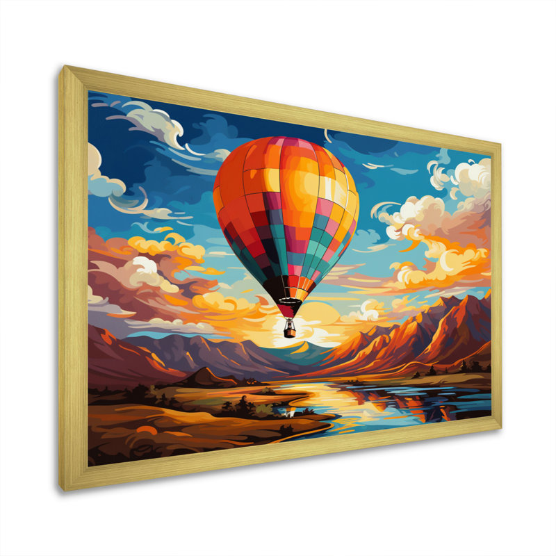 «Orange Hot Air Ballon», impression sur toile encadrée, H 16 po x l 32 po x P 1 po, Encadrement doré