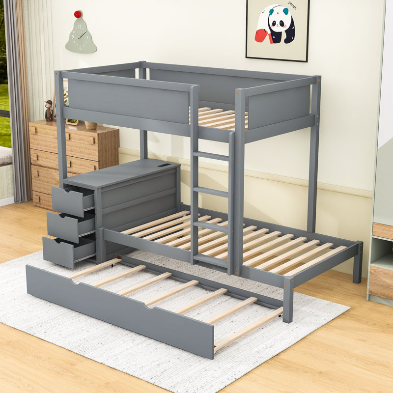 Bunk Bed With Twin Trundle, USB Outlets And Storage Drawers,Shelves, Gray, Twin Over Twin