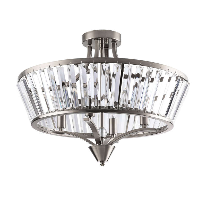 Plafonnier semi-encastré 20 po - 4 lumières en nickel satiné moderne en métal et cristal pour salon / chambre à coucher