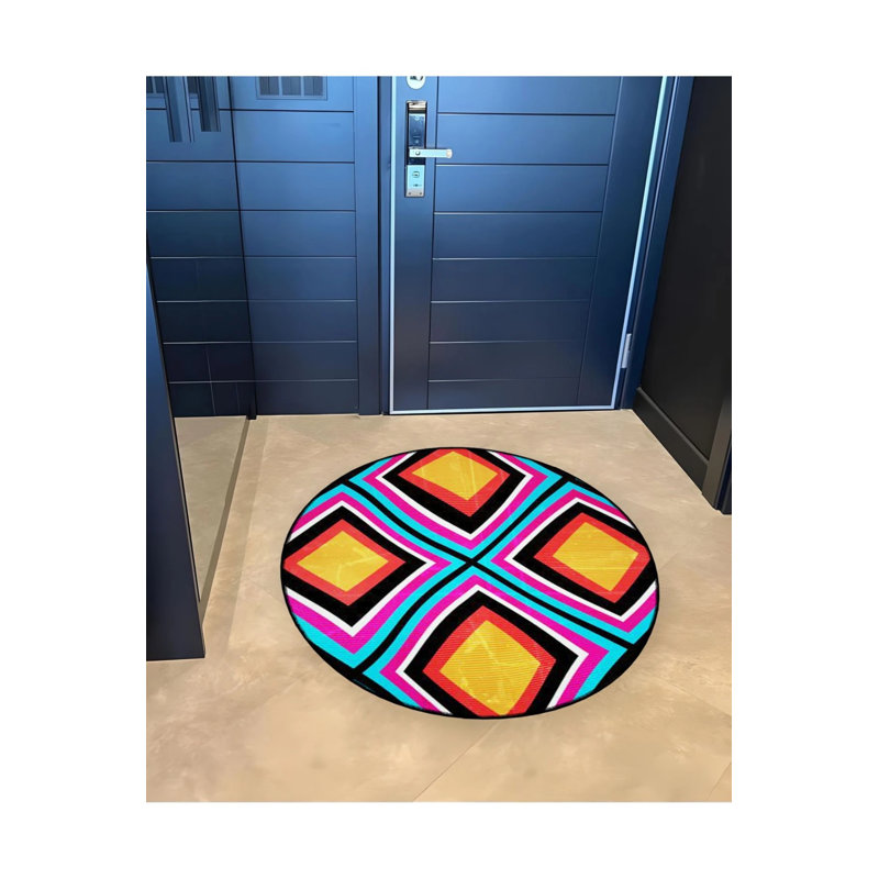 Multicolored Abstract Shapes Patterned Woven Base Decorative Carpet, Round 5'