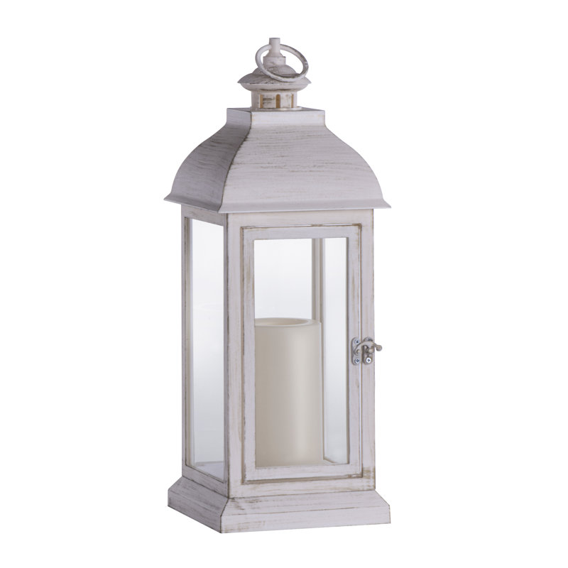 White Resin and Glass LED Candle Lantern, 15.9 inches