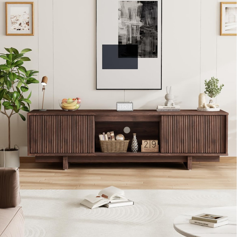 Meuble télé 55 po avec portes en forme de vague, meuble audio-vidéo Mid-Century avec rangement pour le salon