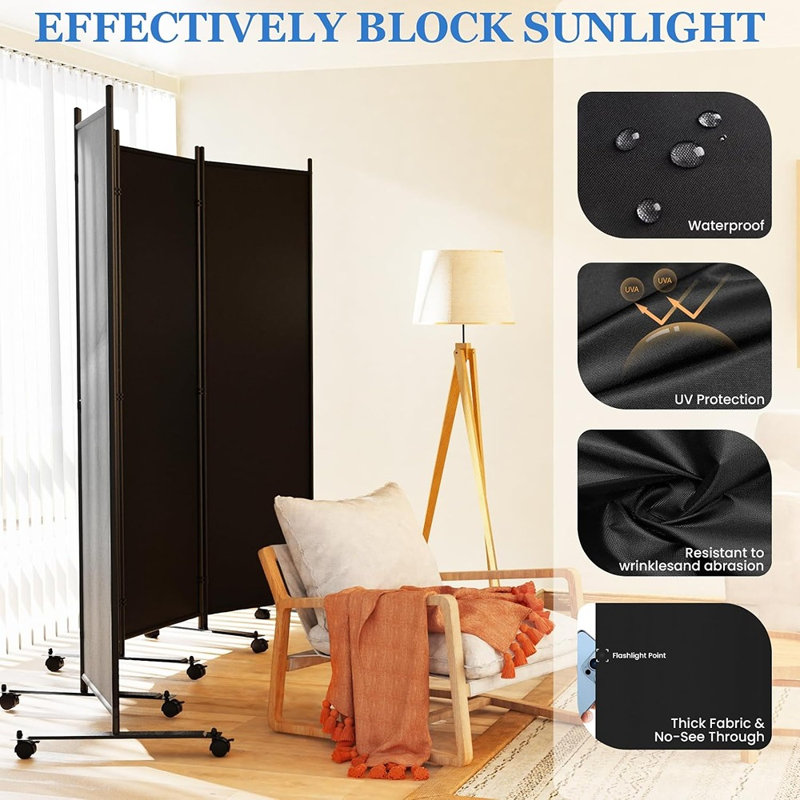 Black Rolling Room Divider Privacy Screen for Home and Office