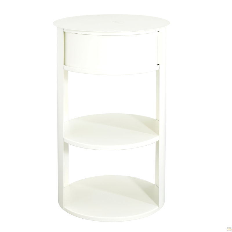 Indoor 3-Tier Metal Round Side Table With Sliding Door Cabinet, Matte White