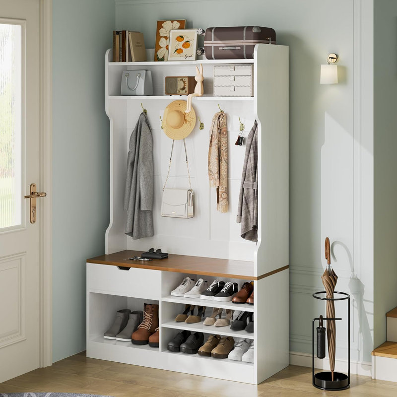 Portemanteau 71 po avec banc et rangement pour chaussures, portemanteau campagnard avec crochets, Blanc / brun