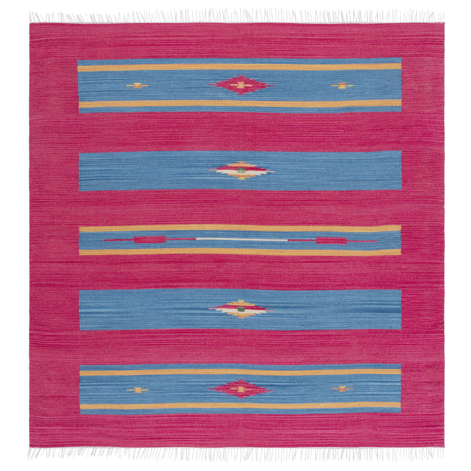 Danely Pink Blue Yellow Flatweave Cotton Rug, Square 6'