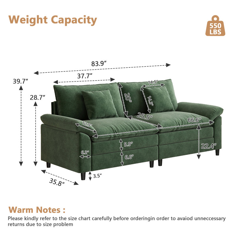 83.9-Inch Modular Sectional In Chenille Fabric, Green