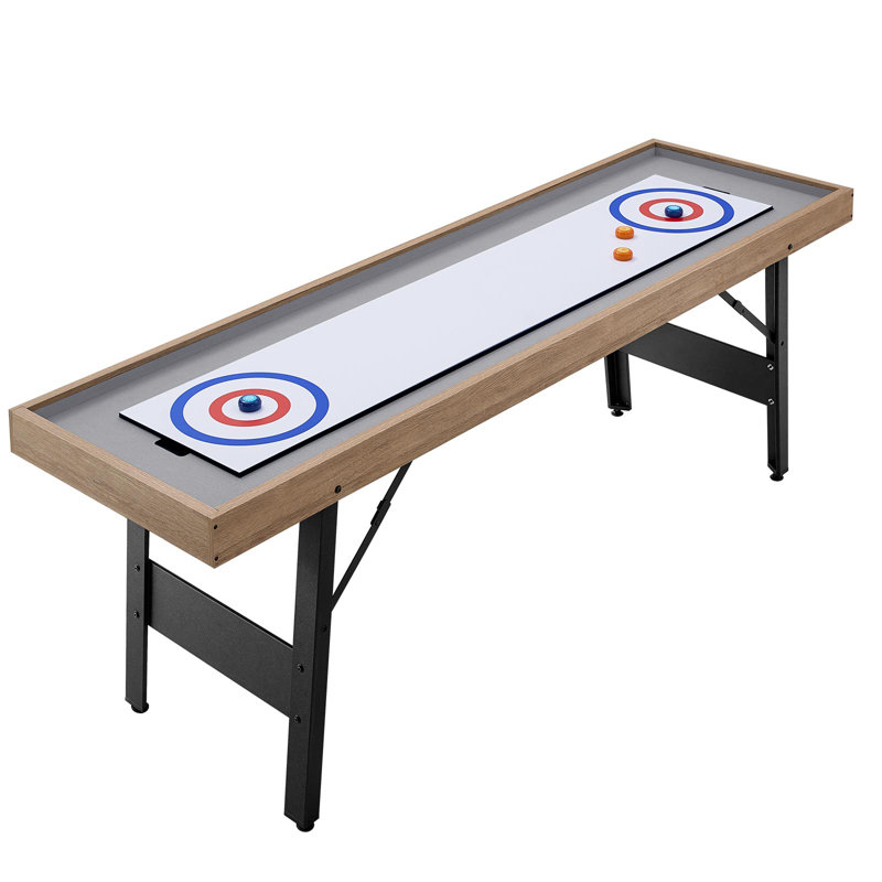 Table de jeu de palets de 2,13 m avec fonction curling, table de jeu compacte à surface lisse, pieds pliables, 8 palets, facile à monter et à transporter, idéale pour les salles de jeux familiales