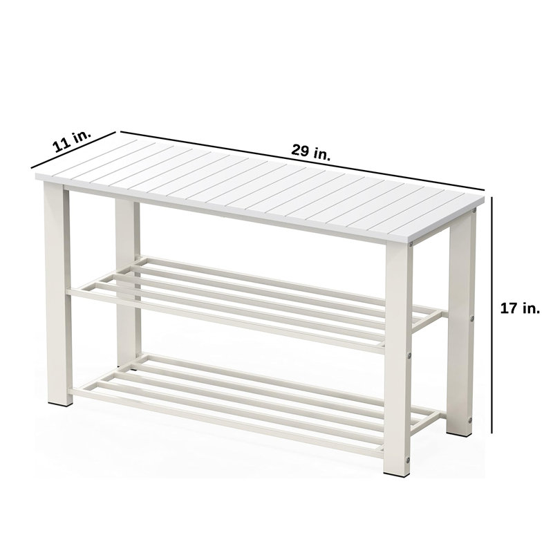 Wood Top Shoe Storage Bench with 2-Tier Storage for Entryway, White