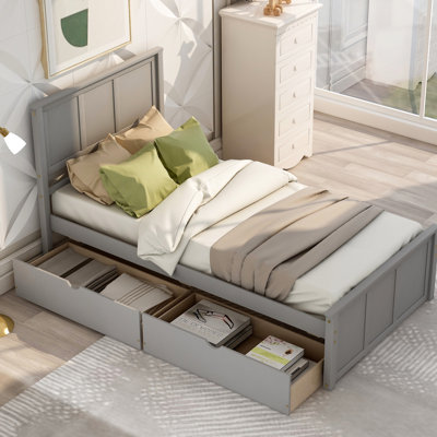 2 Twin Platform Bed With Wheels, Gray Color, Solid Wood & Made 2 Sliding Storage Drawers On
