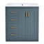 Meuble-lavabo en céramique de 76 cm (30 po) - Structure et panneaux en bois massif, 3 tiroirs spacieux et une armoire de rangement - Bleu - 2 portes - Unité de rangement fonctionnelle