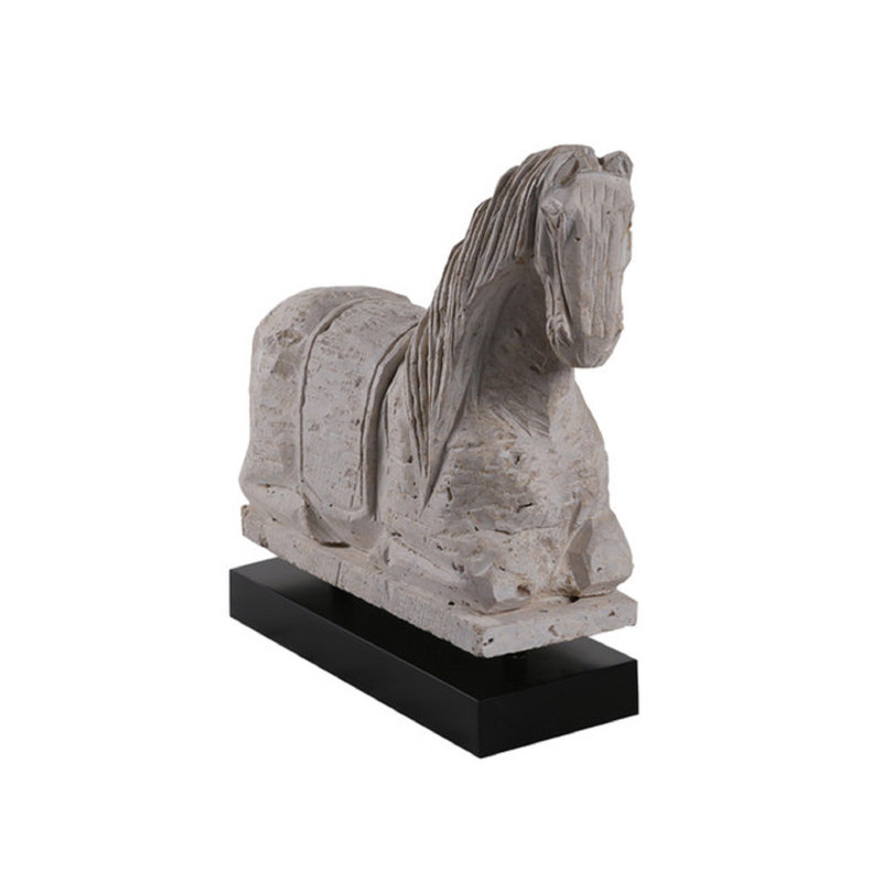 Figurine de cheval travertin en pierre naturelle avec base en bois noir