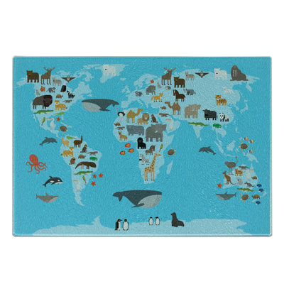 Ambesonne Geography Tempered Glass Cutting Board Guide Animals World Map Sky Blue and Multicolor