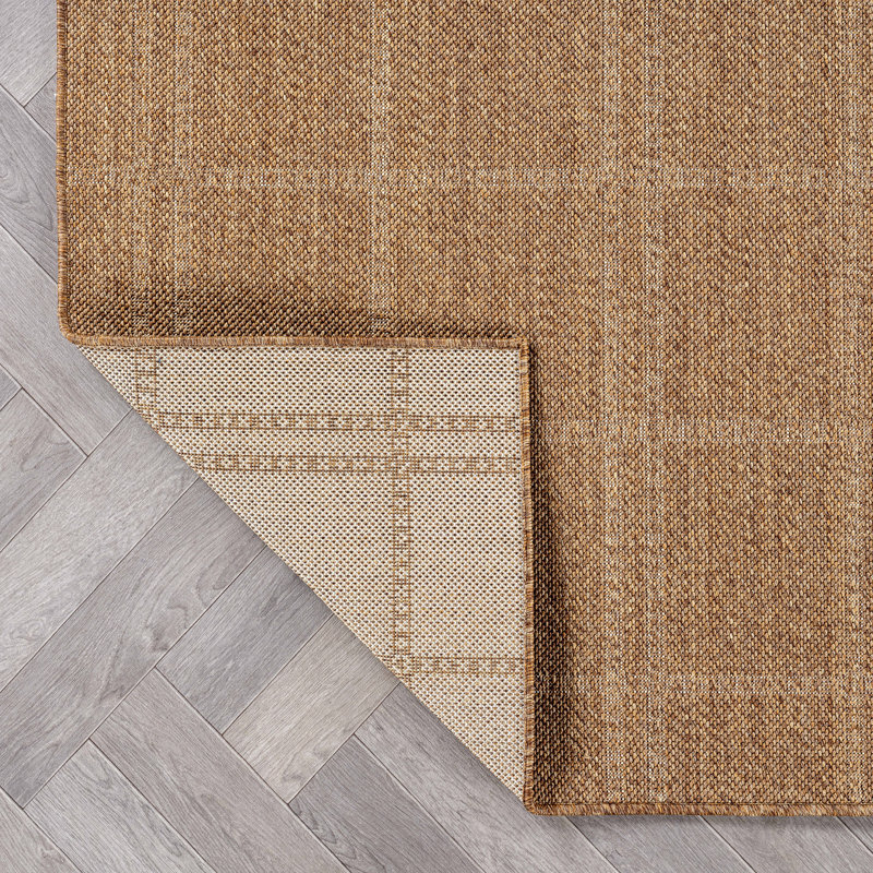 Plaid Sand/Natural Easy-Care Jute-Style Indoor/Outdoor Flat Woven Area Rug, Runner 2'3" x 6', Sand