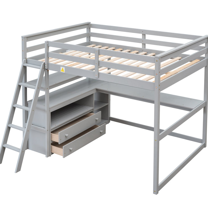 Lit mezzanine pleine grandeur gris avec bureau et tablette - Bois de pin robuste pour une chambre à coucher fonctionnelle