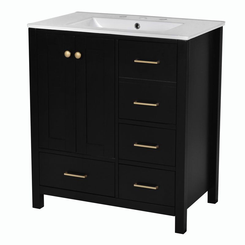 Ensemble de meuble-lavabo de 30 po avec lavabo en céramique pour la salle de bain, Noir, noir, noir, noir