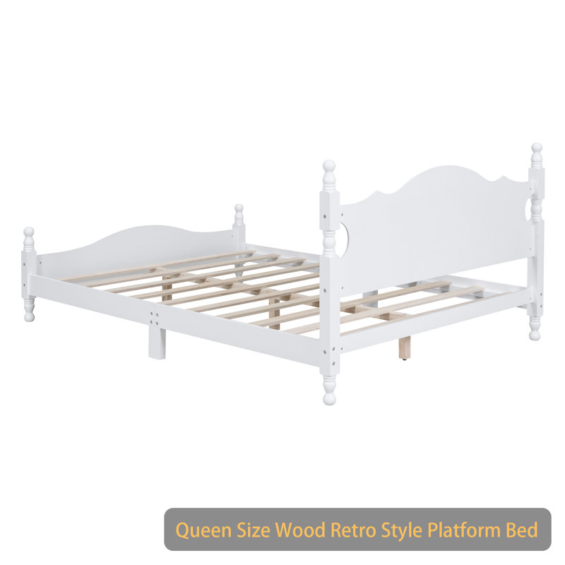Base de lit plateforme en bois, lit plateforme de style rétro avec support en lattes de bois, Blanc, Grand