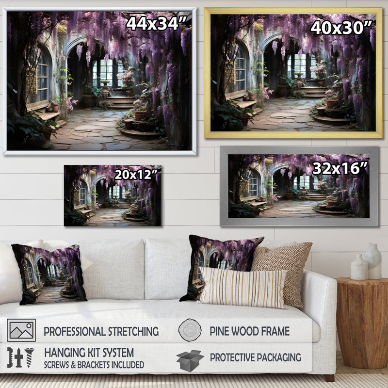 «Japon Art Mauve Wisteria Archway II», reproduction d'art sur toile encadrée, 30" H x 40" W, Cadre flottant doré