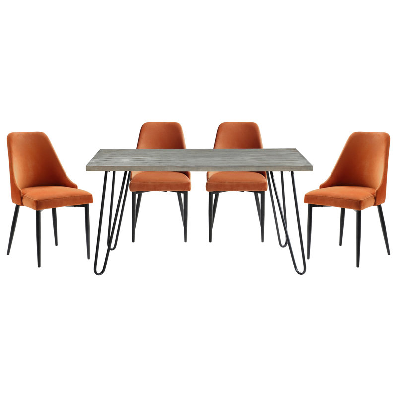 Table de salle à manger 5 pièces Modern Modern - Table rectangulaire et 4 chaises en velours orange, support en métal