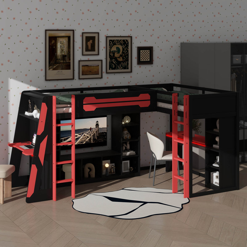 Lit mezzanine simple en forme de L avec bureaux intégrés, cadre de lit de jeu en bois avec DEL RVB, ports USB, support de télévision et compartiments de rangement
