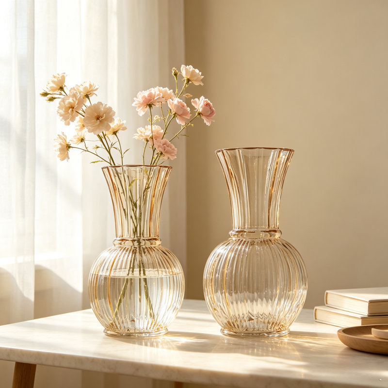 Ensemble de 2 vases décoratifs en verre ambré l 5,1 po x H 9,4 po avec texture nervurée et col évasé, 5.1"x9.4"