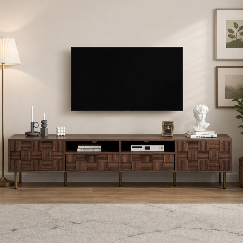 Meuble télé Mid-Century avec 2 tiroirs, console multimédia pour téléviseurs de 85 po ou moins, centre de divertissement spacieux pour le salon et le cinéma maison