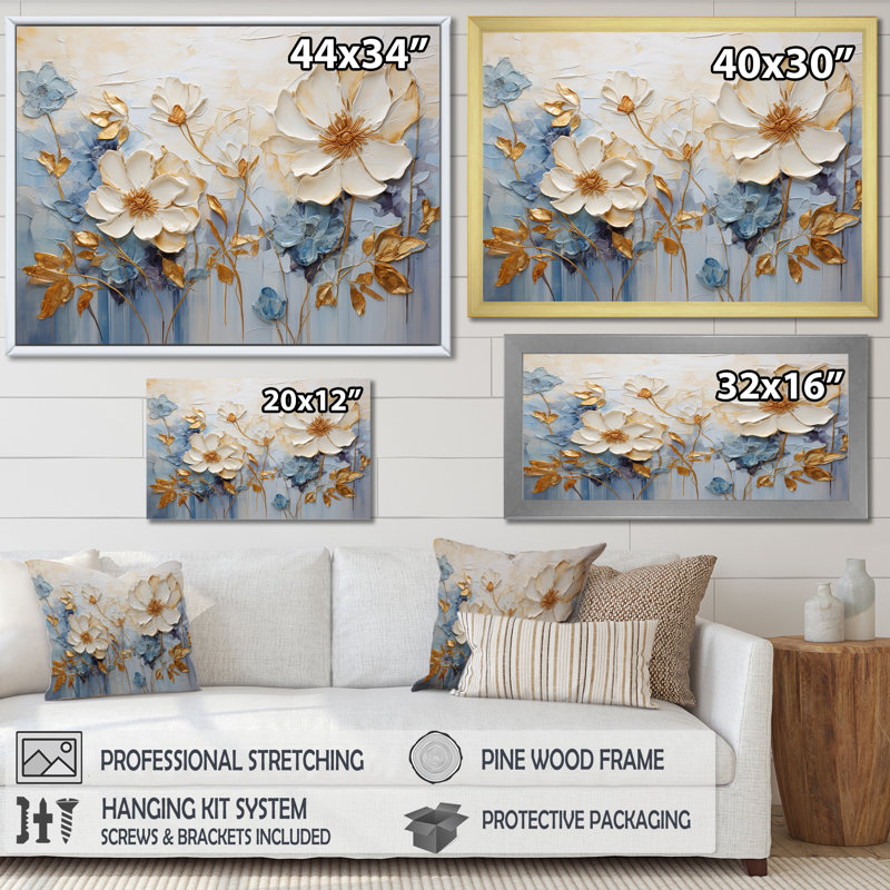 Composition de fleurs saisonnières beiges et bleues II, H 24 po x l 32 po x P 1 po, Cadre flottant doré