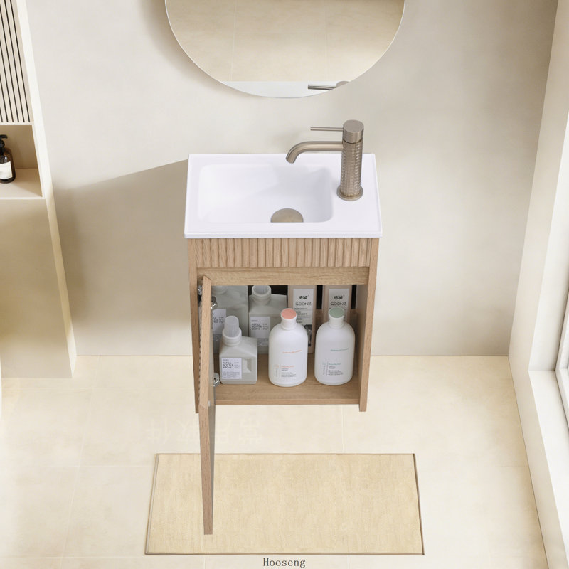 Ensemble de meuble-lavabo simple mural 16 po, lavabo en résine blanche avec porte à fermeture en douceur et tablette