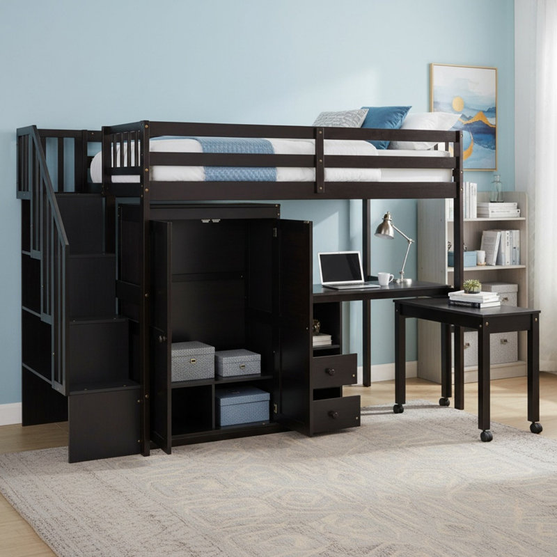 Lit mezzanine avec rangement et bureau, Simple, Espresso