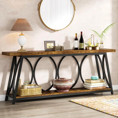 Console industrielle très longue de 70,9 po, canapé étroit derrière le canapé avec tablettes de rangement à 3 niveaux, table d'appoint pour l'entrée et le couloir pour le salon, brun rustique avec structure en métal noir