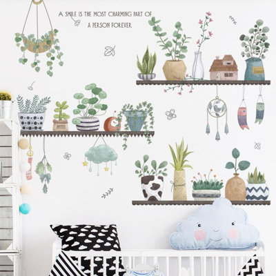 2 Set Plant Wall Decals Kitchen Wall Stickers Wall Decor Murals For Bedroom Living Room Bathroom Wall Art Decal Boho Hanging Shelves Tree Wall Decal Room Decor 3D Wall Decoration Peel And Stick