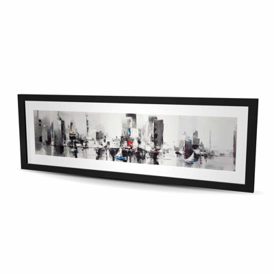 Bateaux abstraits avec paysage urbain - reproduction d'art côtier encadrée
