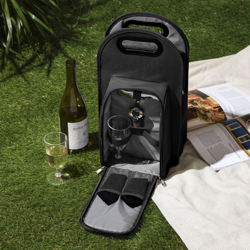 Metro Insulated 2-Bottle Tote Set, 18" H x 9.5" W x 4.5" D, Black